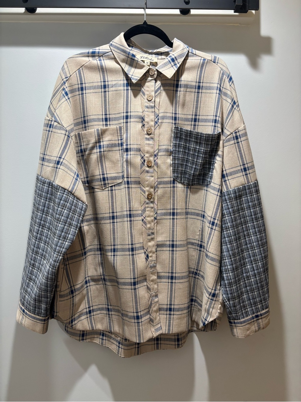 Listicle Beige Plaid Button-Up Shirt with Blue Windowpane and Gray Panels